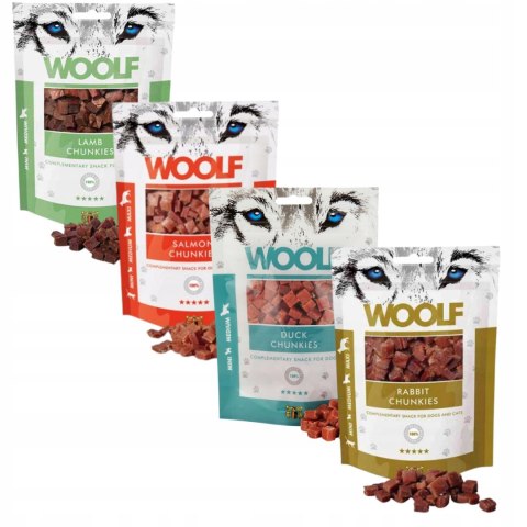 NAJLEPSZE SMACZKI trenerki dla psa WOOLF 4X100G Nagroda CHUNKIES RABBIT LAM