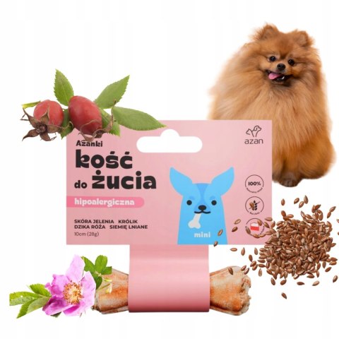 Azanki Kość do żucia MINI ze skóry jelenia z królikiem, dziką różą 10cm