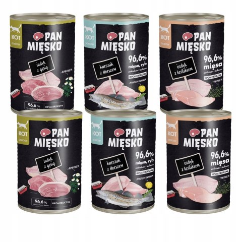 Pan Mięsko Zestaw Puszek dla kota 6x400 mokra karma puszki Indyk z królikie