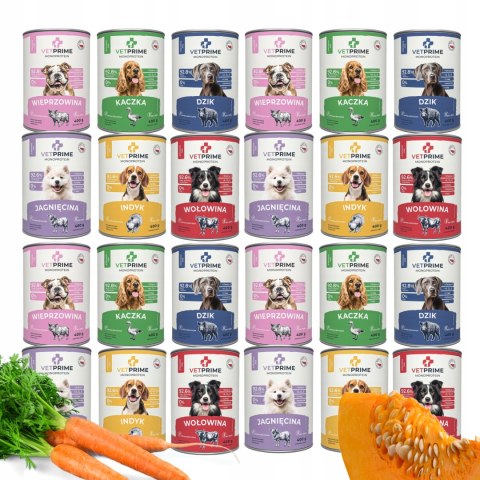 VetPrime PAKIET PRÓBNY 24x400 Hypoalergiczna karma dla psa MONOPROTEINOWA M