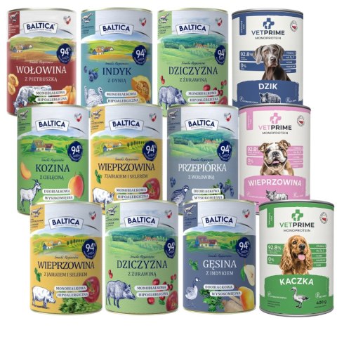 BALTICA ZESTAW KARMA MONOPROTEINOWA DLA PSA 12X400 KACZKA INDYK GĘSINA KOZA