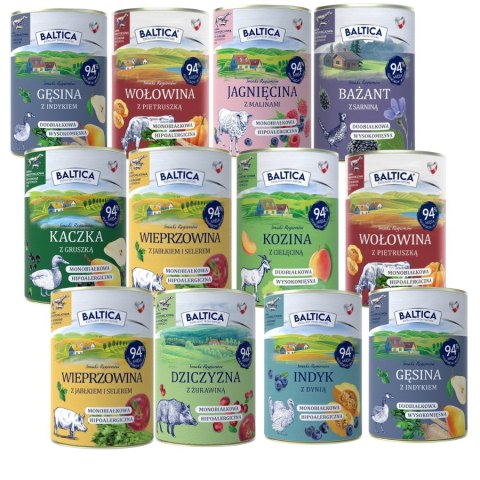 BALTICA ZESTAW KARMA MONOPROTEINOWA DLA PSA 12X400 KACZKA INDYK GĘSINA KOZA