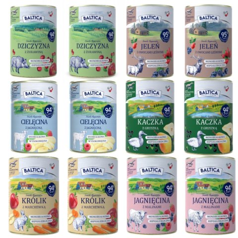 MONOBIAŁKOWA KARMA DUŻY ZAPAS BALTICA 12X400 Królik Jagnięcina Kaczka