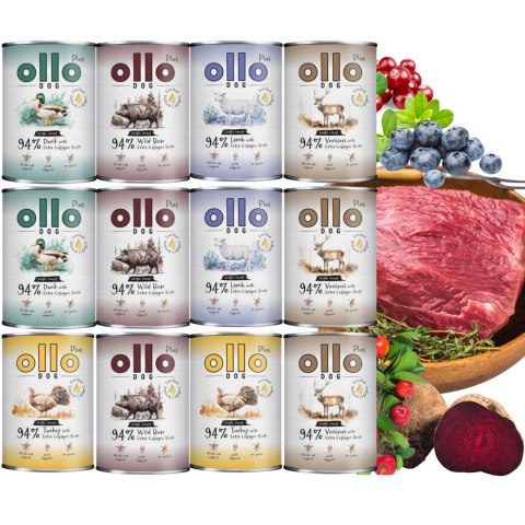 OLLO PLUS KOLAGEN MIX SMAKÓW 12x400 g - monobiałkowa karma mokra dla psa