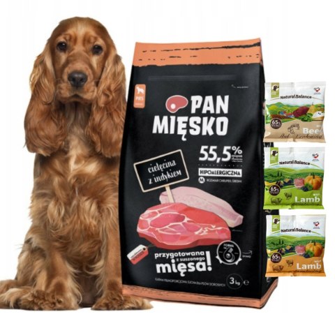 Pan Mięsko Karma PIES cielęcina z indykiem chrupki M 3kg + PRÓBKI