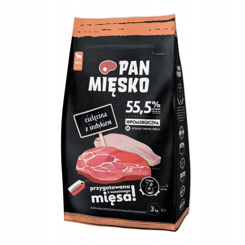 Pan Mięsko Karma PIES cielęcina z indykiem chrupki M 3kg + PRÓBKI