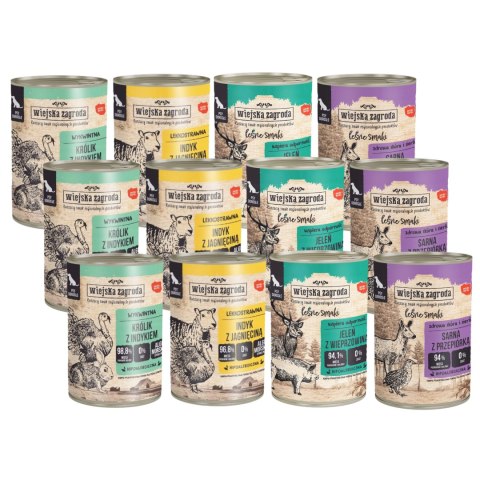 Wiejska Zagroda MIX SMAKÓW Indyk z królikiem jagnięciną sarna 12x400g Hipoalericzna