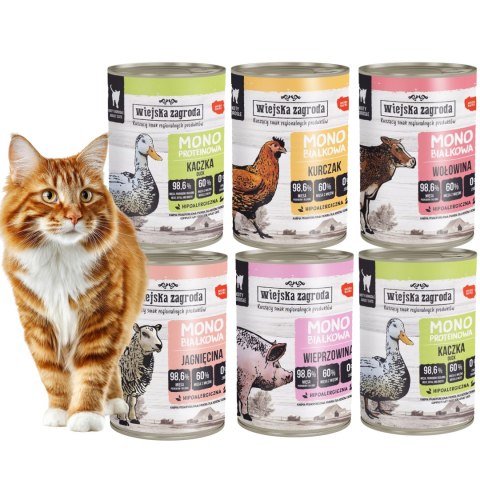 ZESTAW Wiejska Zagroda monobiałkowa kot PUSZKI dla kota mix SMAKÓW 6x400g