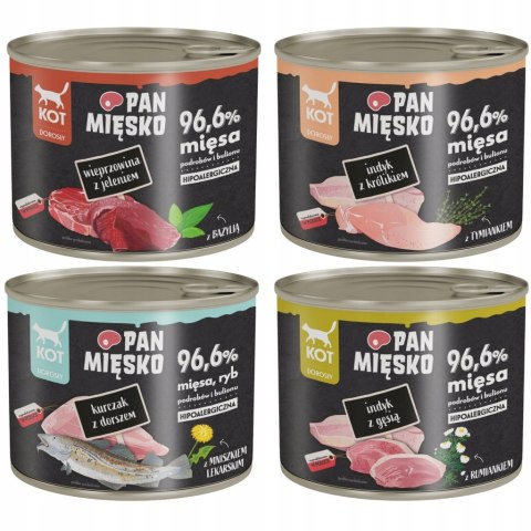 PAN MIĘSKO indyk z królikiem z gęsią dla kota MIX SMAKÓW 4x200