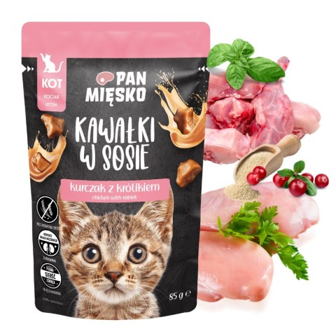 Pan Mięsko Karma mokra dla kota Kawałki w sosie Kurczak z królikiem (kociak) 85g