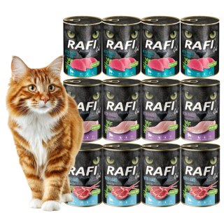 Rafi Cat Sterilised 12x400g MIX królik łosoś jagnięcina karma mokra dla kota zestaw