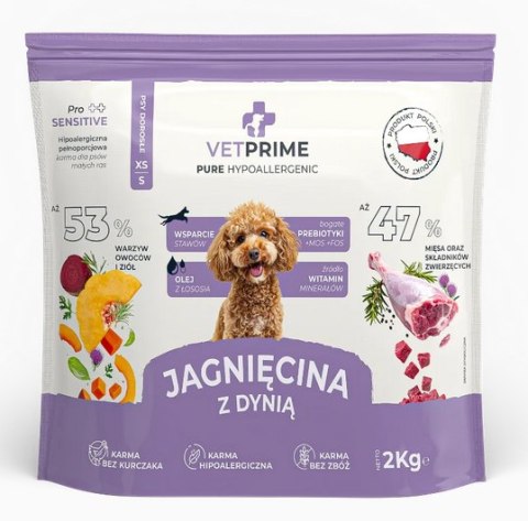 VETPRIME Pure Hypoallergenic JAGNIĘCINA Z DYNIĄ XS/S 2KG małe rasy