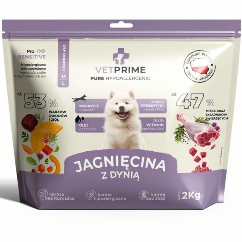 VETPRIME Pure Hypoallergenic Jagnięcina Dynia M/L 2KG