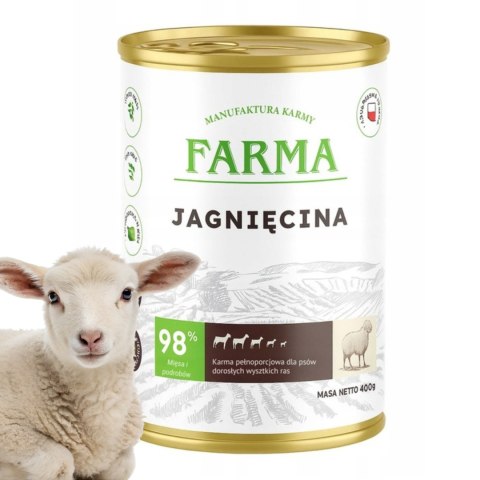 FARMA MONOPROTEINOWA Jagnięcina 400g - Karma mokra dla psa 98%