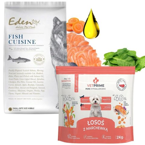 PAKIET Karma Eden Fish Cuisine + VETPRIME PURE SALMON Rasy Małe XS S 2X2kg