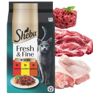 SHEBA MINI Dania mięsne w sosie 6x50g wołowina kurczak jagnięcina