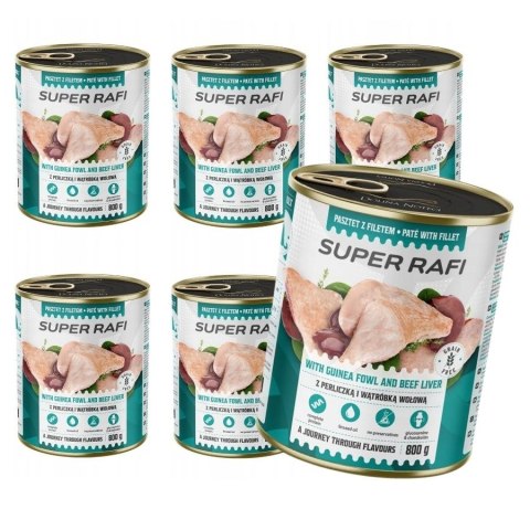 ZESTAW Super Rafi Mokra karma dla psa z perliczką i wątróbką wołową 6X800 g