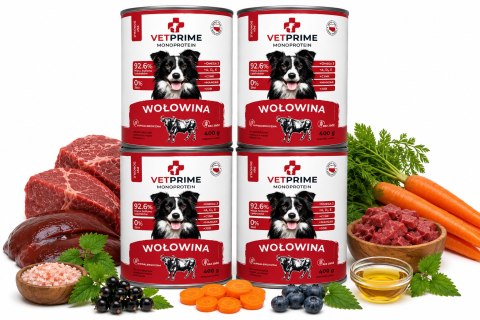 VetPrime Monoprotein Beef 4x400g karma mokra dla psa bez zbóż