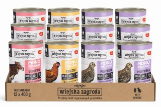 ZESTAW Wiejska Zagroda monobiałkowa kot PUSZKI dla kota mix SMAKÓW 12x400g
