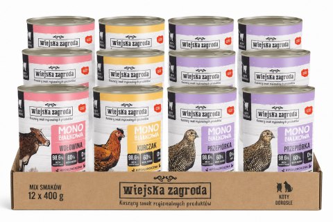 ZESTAW Wiejska Zagroda monobiałkowa kot PUSZKI dla kota mix SMAKÓW 12x400g