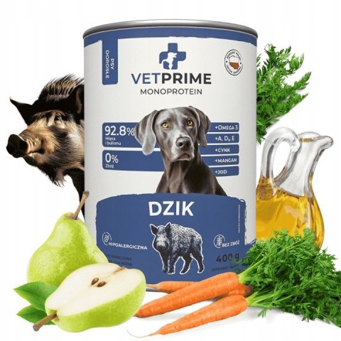 VetPrime Dzik Kaczka Wieprzowina MIX SMAKÓW 12x400 Hypoalergiczna karma dla psa monobiałkowa dla alergika