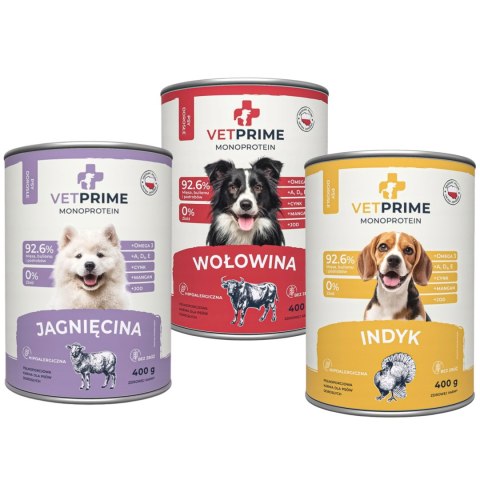 VetPrime Monoprotein Jagnięcina Indyk Wołowina MIX SMAKÓW 3X400g NOWOŚĆ