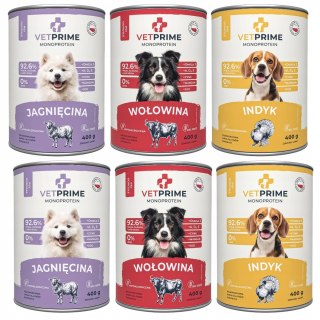 VetPrime Monoprotein Jagnięcina Indyk Wołowina MIX SMAKÓW 6X400g NOWOŚĆ