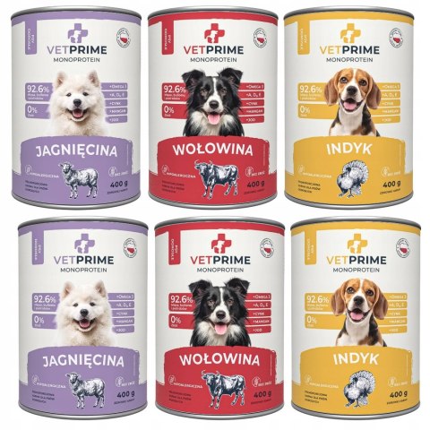 VetPrime Monoprotein Jagnięcina Indyk Wołowina MIX SMAKÓW 6X400g NOWOŚĆ