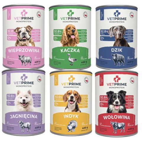 VetPrime PAKIET PRÓBNY 24x400 Hypoalergiczna karma dla psa MONOPROTEINOWA MIX
