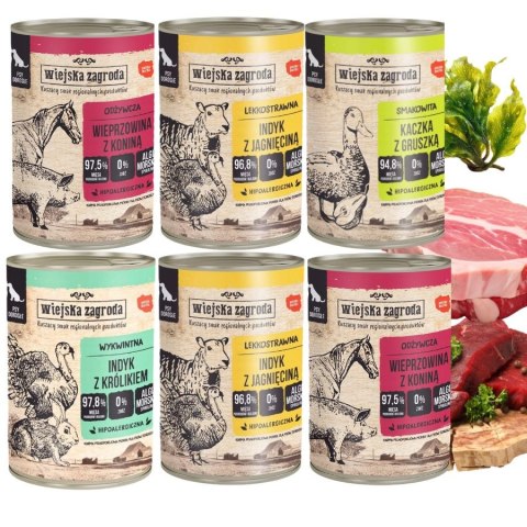 Wiejska Zagroda Mix Smaków 6x400g Karma Mokra dla Psa Wieprzowina Konina Indyk Jagnięcina Królik Kaczka