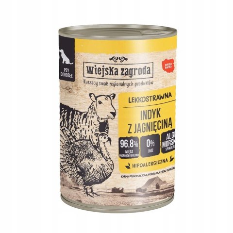 ZESTAW Wiejska Zagroda MIX SMAKÓW Indyk z królikiem z jagnięciną 24x400g Wywkintna Hipoalericzna