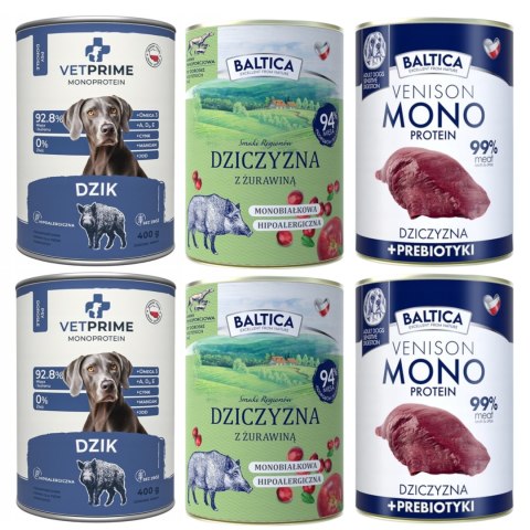 Zestaw Monobiałkowa Dziczyzna 6x400 Mix Pakiet Próbny Baltica VetPrime