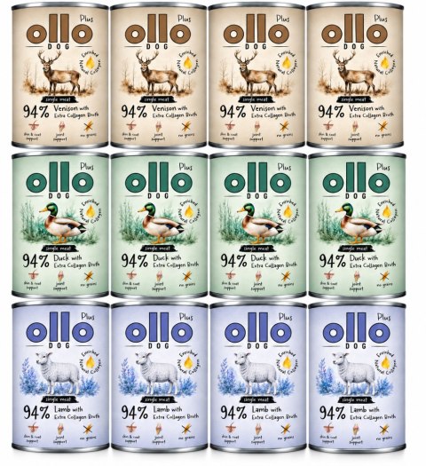 OLLO Plus Kolagen Mix 12x400 g Jeleń Kaczka Jagnięcina monobiałkowa karma