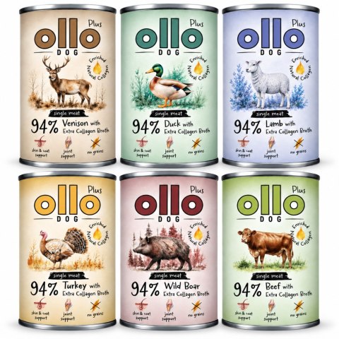 OLLO Plus Kolagen Mix 6 x 400 g Indyk Kaczka Wołowina Dzik Jeleń Jagnięcina mokra karma dla psa