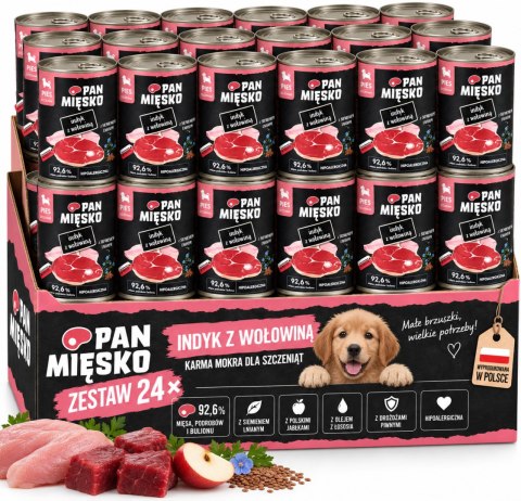 Pan Mięsko dla szczeniąt Indyk z wołowiną PUPPY 24X400 ZESTAW W POKRYWKĄ