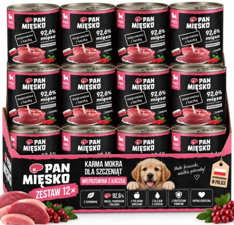 ZESTAW DLA SZCZENIĄT Pan Mięsko Wieprzowina z kaczką 12x400g + POKRYWKA