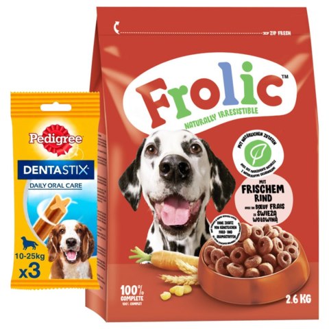 Frolic 2,6kg wołowina i warzywa karma sucha dla psa + DENTASTIX