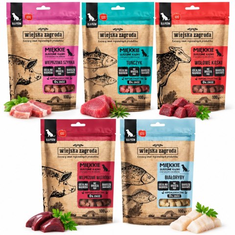 WIEJSKA ZAGRODA PRZYSMAKI MIĘSNE DLA PSA MIX 5X100 G tuńczyk białoryby kąski